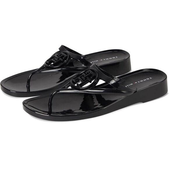 🆕 Tommy Hilfiger Women's Black Shiny Flip Flop Thong Sandals Jelly Shoes Size 9 - Picture 1 of 6